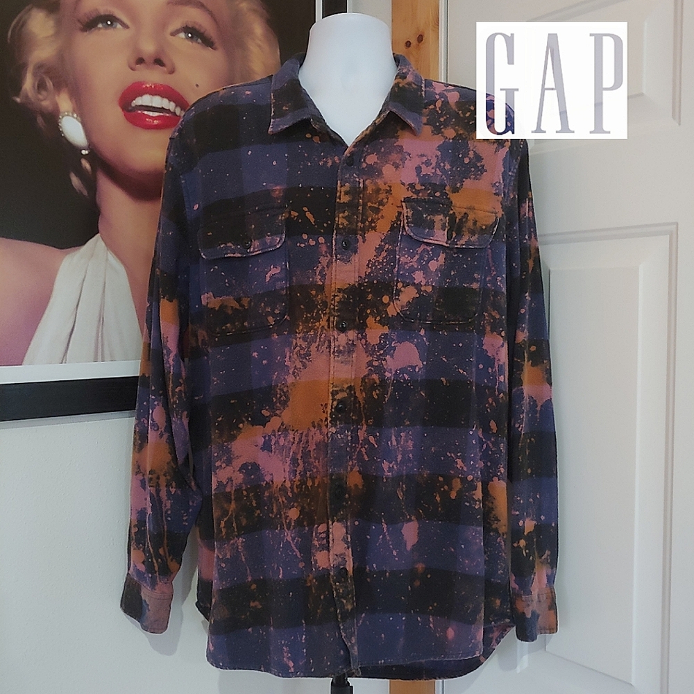Gap Acid Washed Flannel, Men's XXL, Indigo/Black Plaid